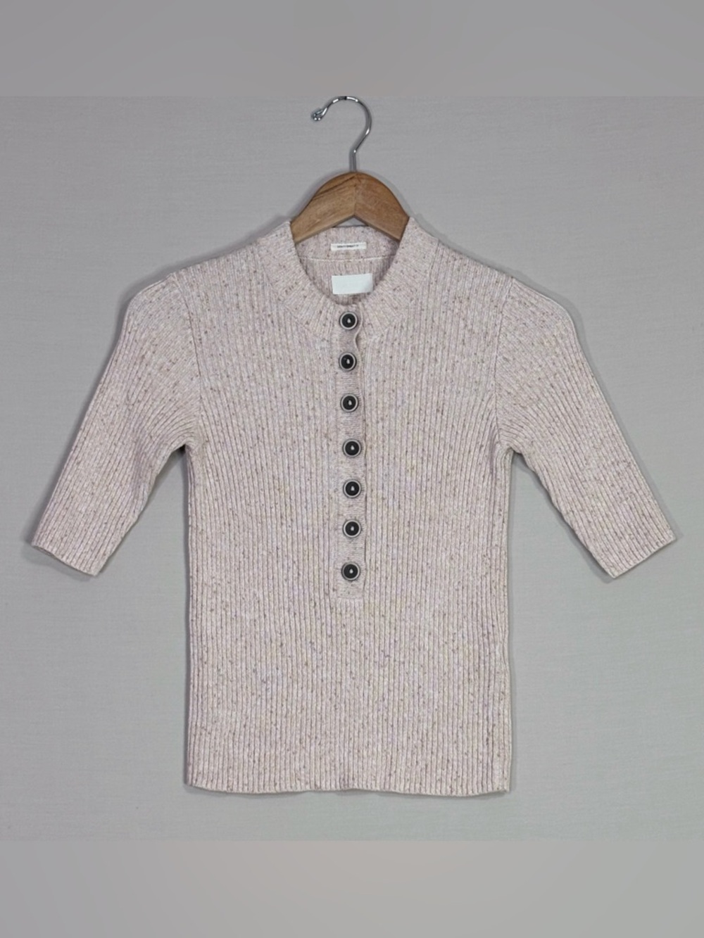 MOTHER Eye Catcher Henley XS Rib Knit Button Top Marshmallow Beige